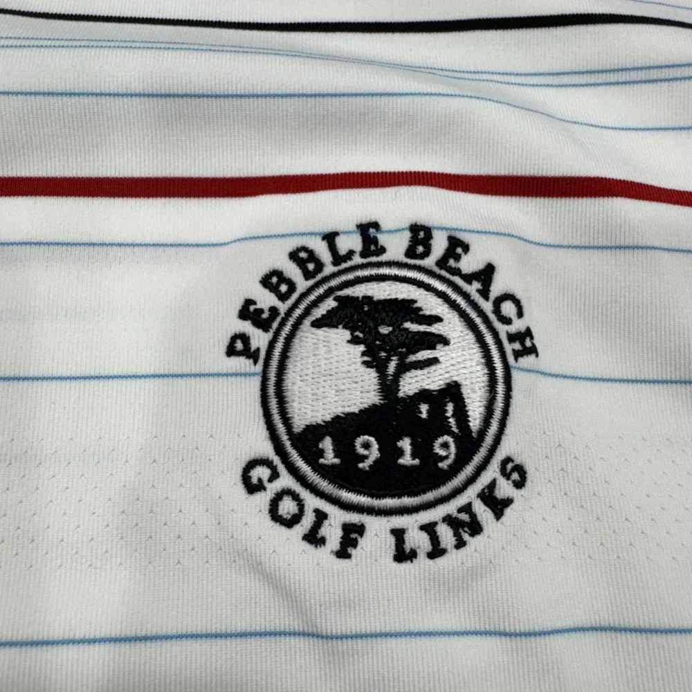 Nike Golf Polo Shirt XL White Stripe Fit Dry Pebble Beach Golf Links Mens